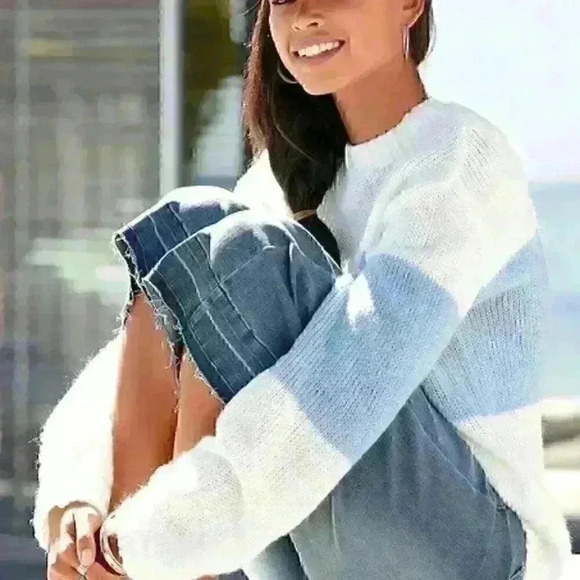 Lascana Oversized Colorblock Striped Crewneck Sweater, White & Blue, Size 0/2 - Picture 1 of 6